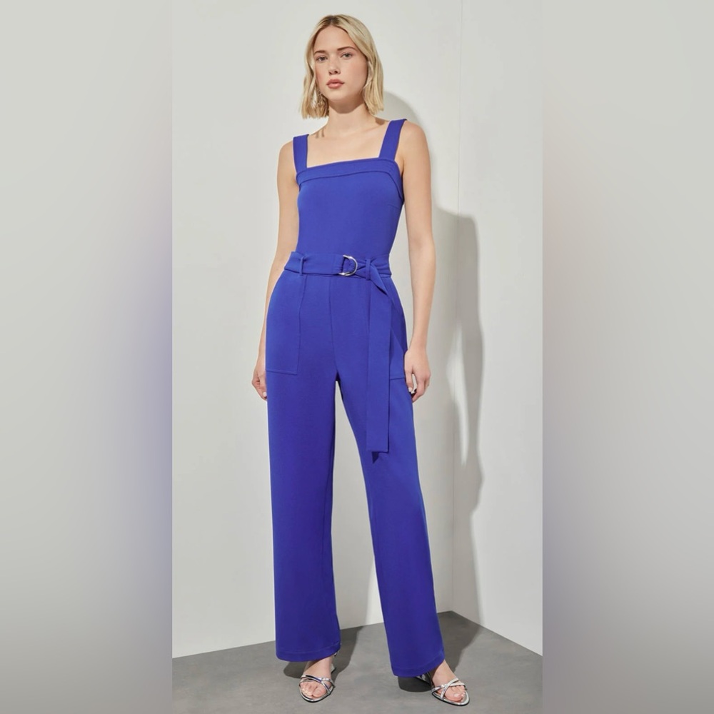 NWT $195 Ming Wang Belted Jumpsuit - Sleeveless Stretch Deco Crepe, Sapphire Sea